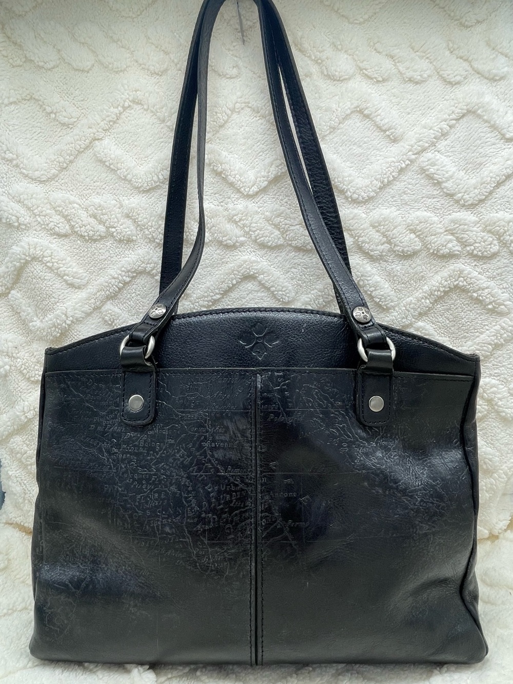 Patricia Nash Black Leather Shoulder Tote with Embossed Map Design